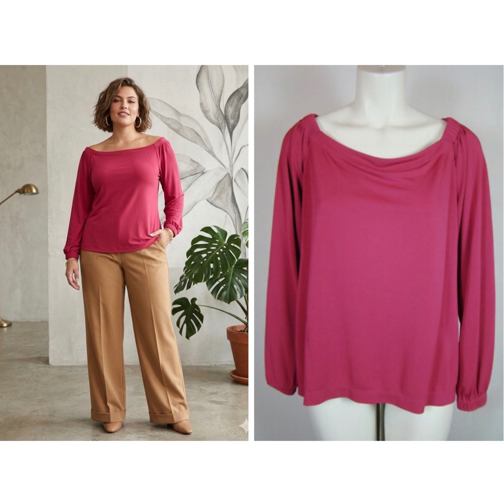 White House Black Market Top L Fuchsia Off Shoulder Long Sleeve Barbie Romantic